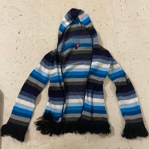 Medium hooded fringe blue striped cardigan